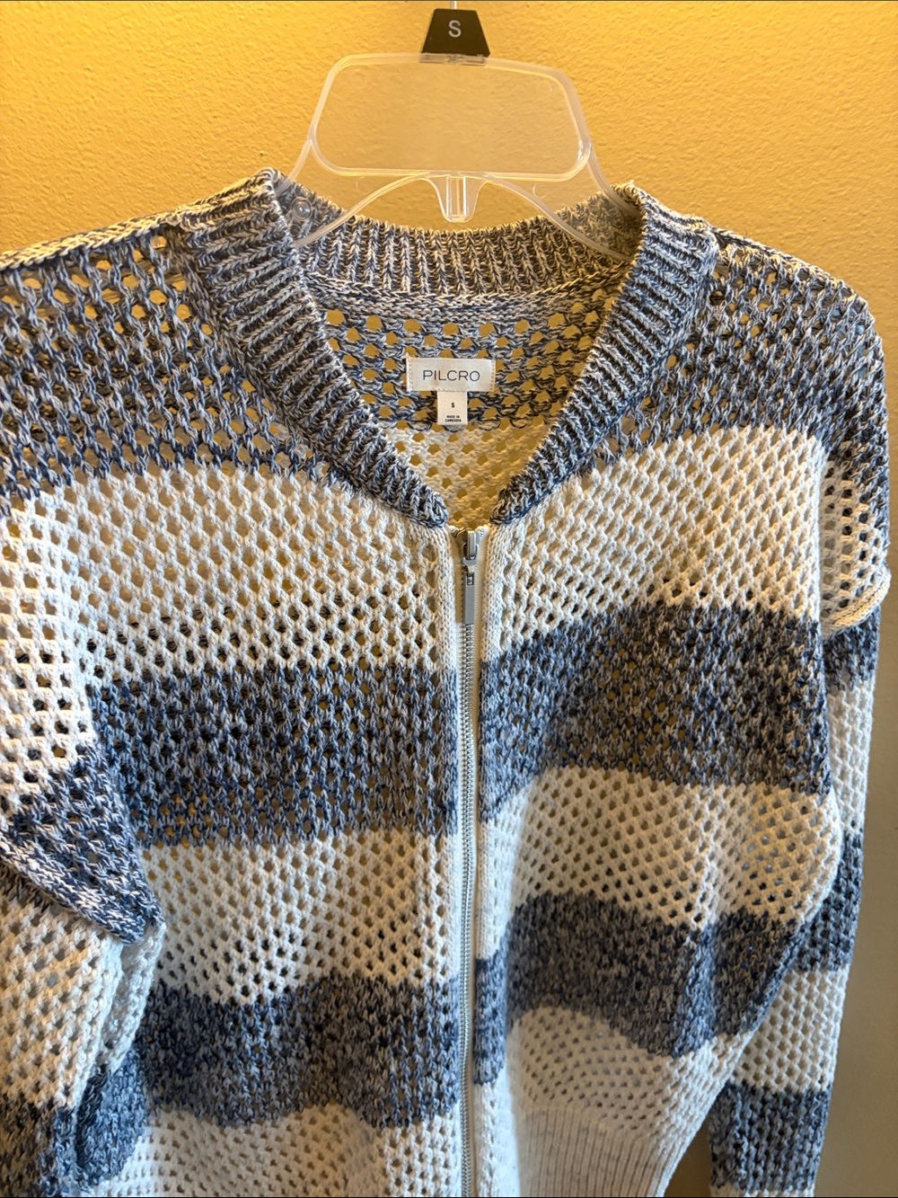 Pilcro Men's Blue and White Open-Knit Zip Cardigan